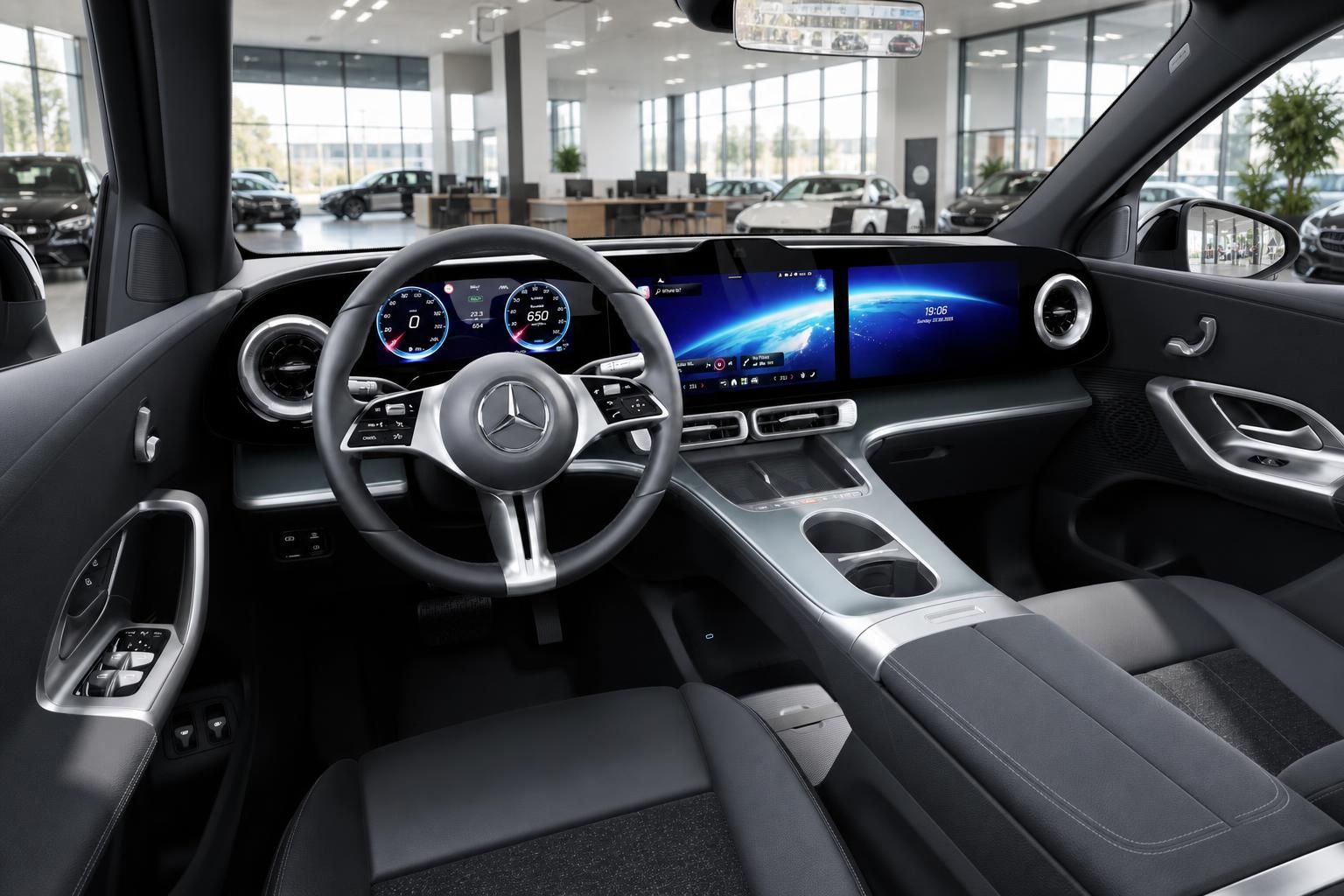 Mercedes-Benz GLC Innenraum mit Cockpit und Doppelbildschirm im Autohaus