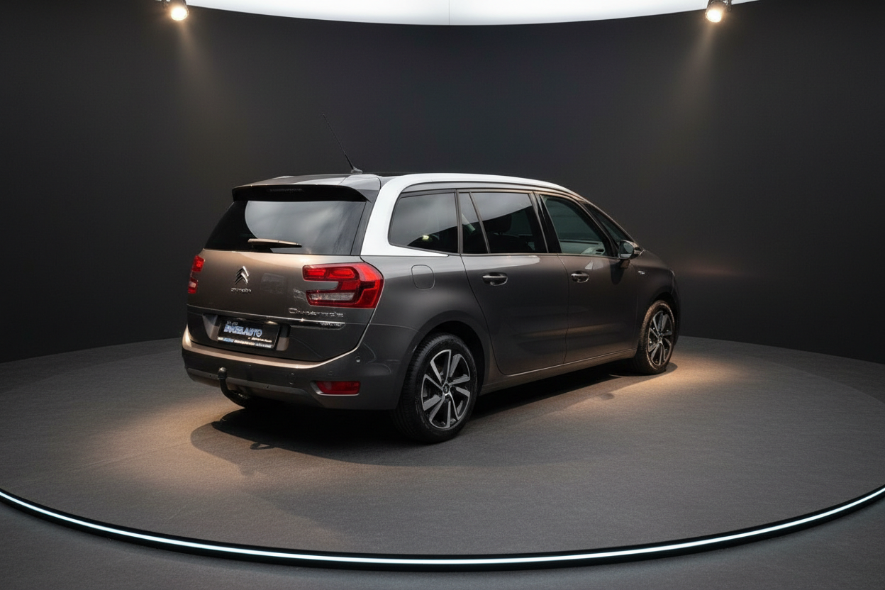Citroën Grand C4 Picasso in Grau-Metallic mit weißem Dach, Heckansicht im Fotostudio