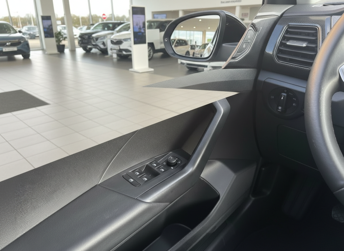 Fahrzeuginnenraum Fahrertür mit Fensterheber-Schaltern und Außenspiegel im Autohaus