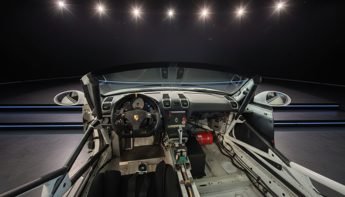 Porsche Rennwagen Innenraum mit Überrollkäfig, Sportlenkrad und freiliegender Renntechnik