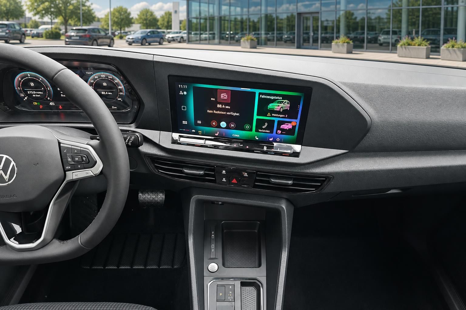 VW Cockpit Detailansicht Lenkrad und Touchscreen