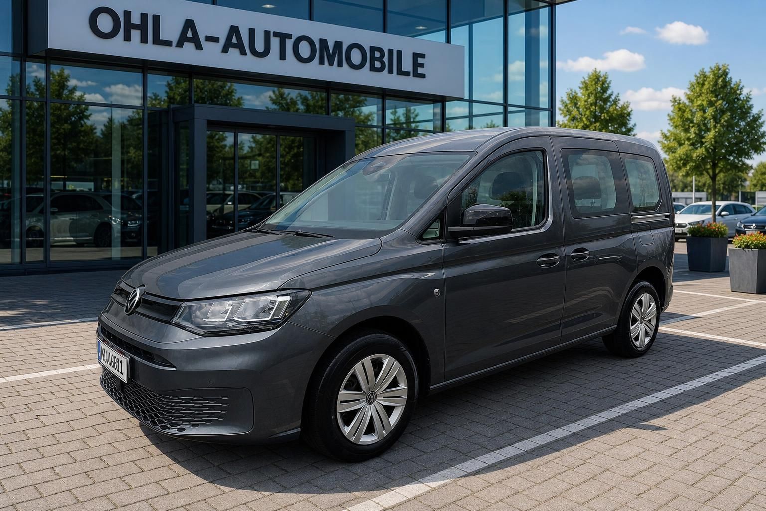 VW Caddy grau Frontansicht schraeg mit Kennzeichen vor Haendler