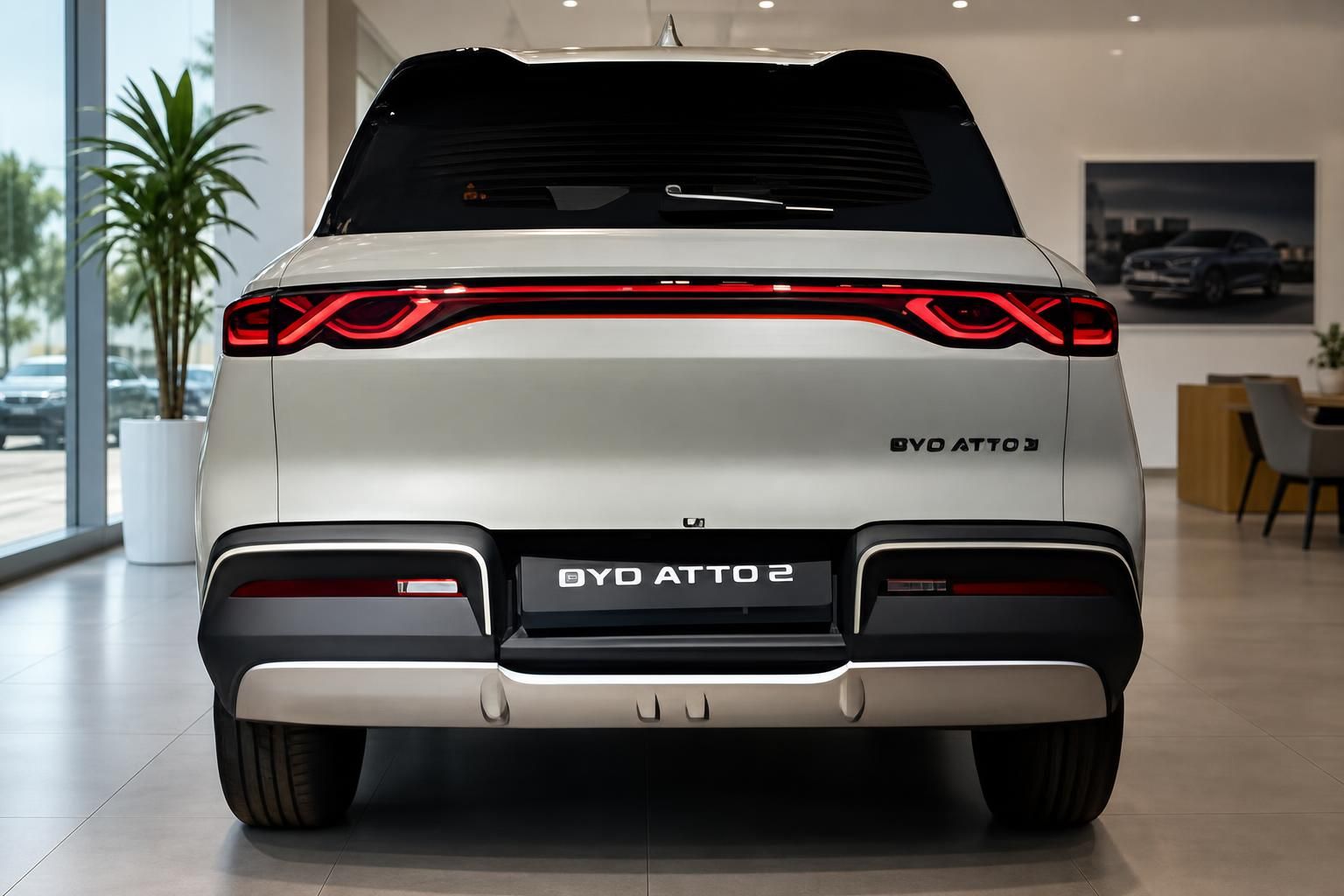 BYD Atto 2 Heckansicht mit LED-Rückleuchten im Autohaus Showroom