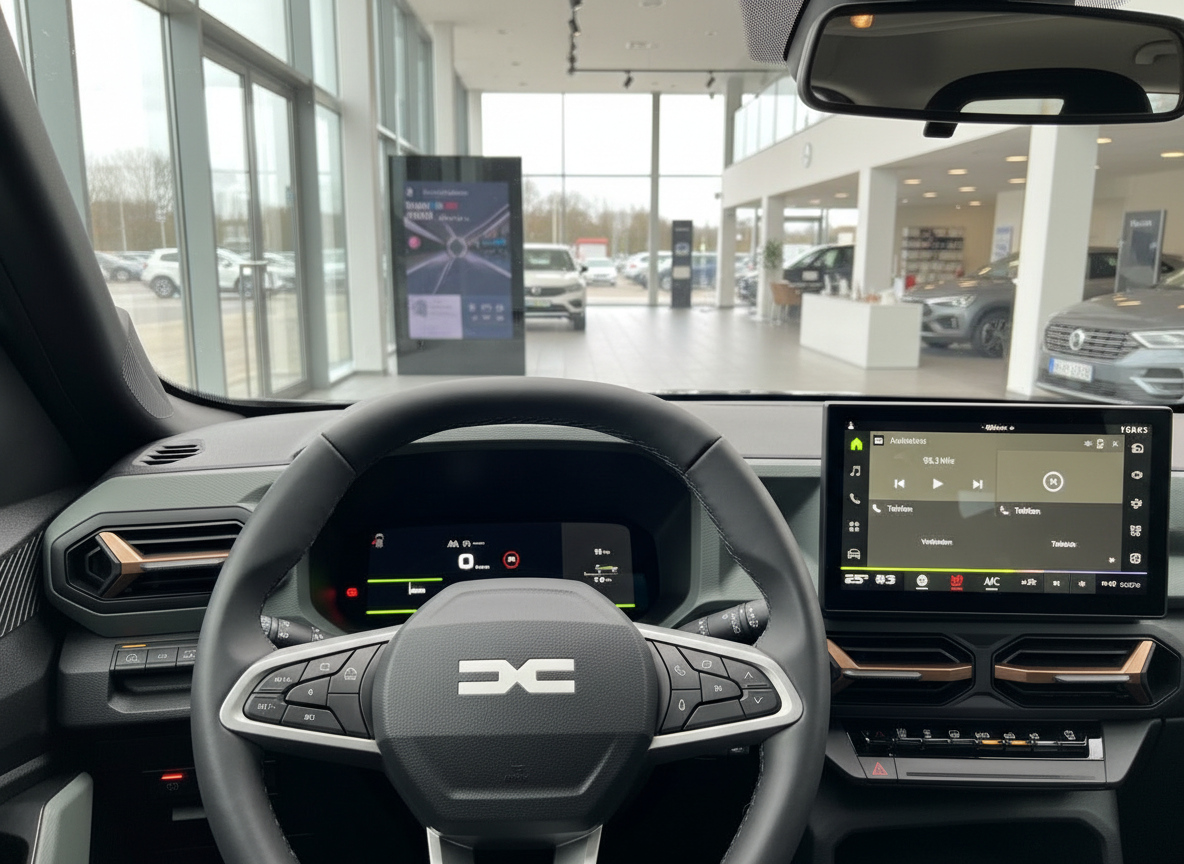 Dacia Innenraum mit Lenkrad und Infotainment-Display im Autohaus