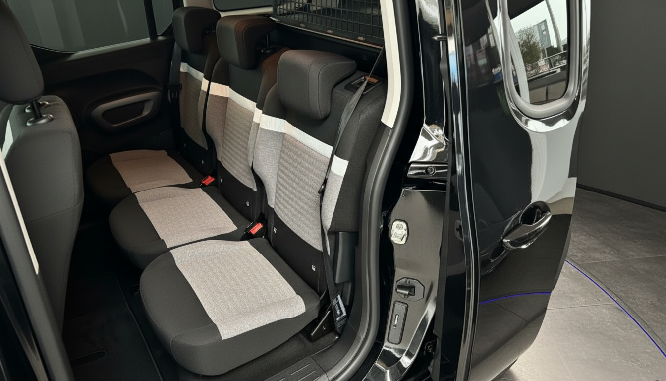 Fahrzeuginnenraum Rücksitzbank mit grau-schwarzem Stoff und Sicherheitsgurten