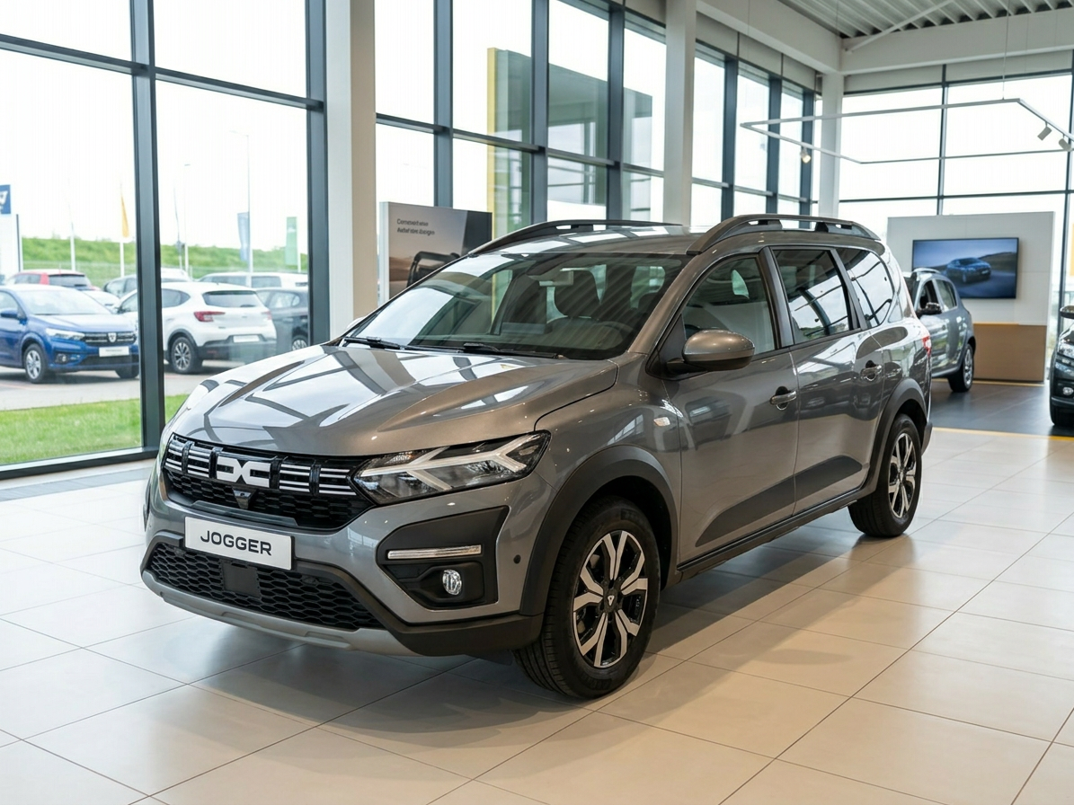 Dacia Jogger in Grau im Autohaus-Showroom – Frontansicht schräg