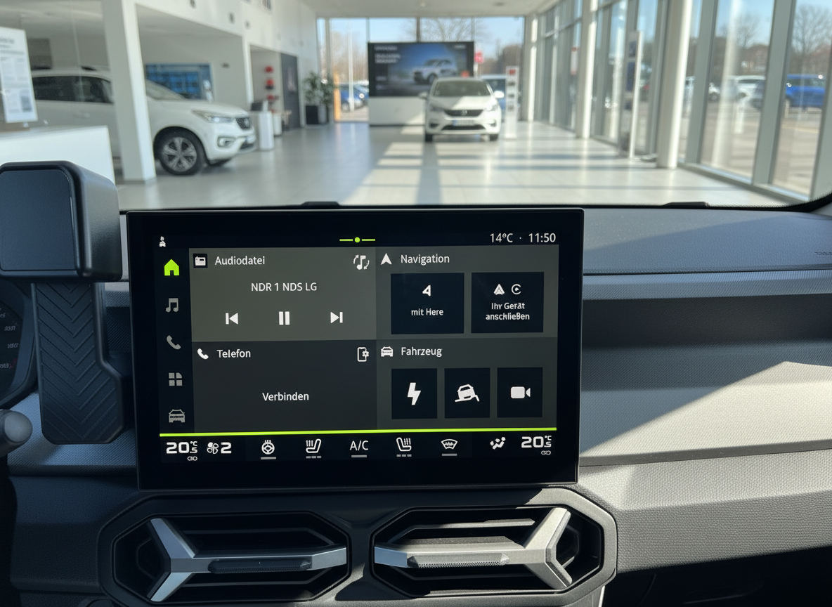 Fahrzeug-Infotainmentsystem mit Touchscreen-Display im Autohaus, Navigation und Audiofunktionen