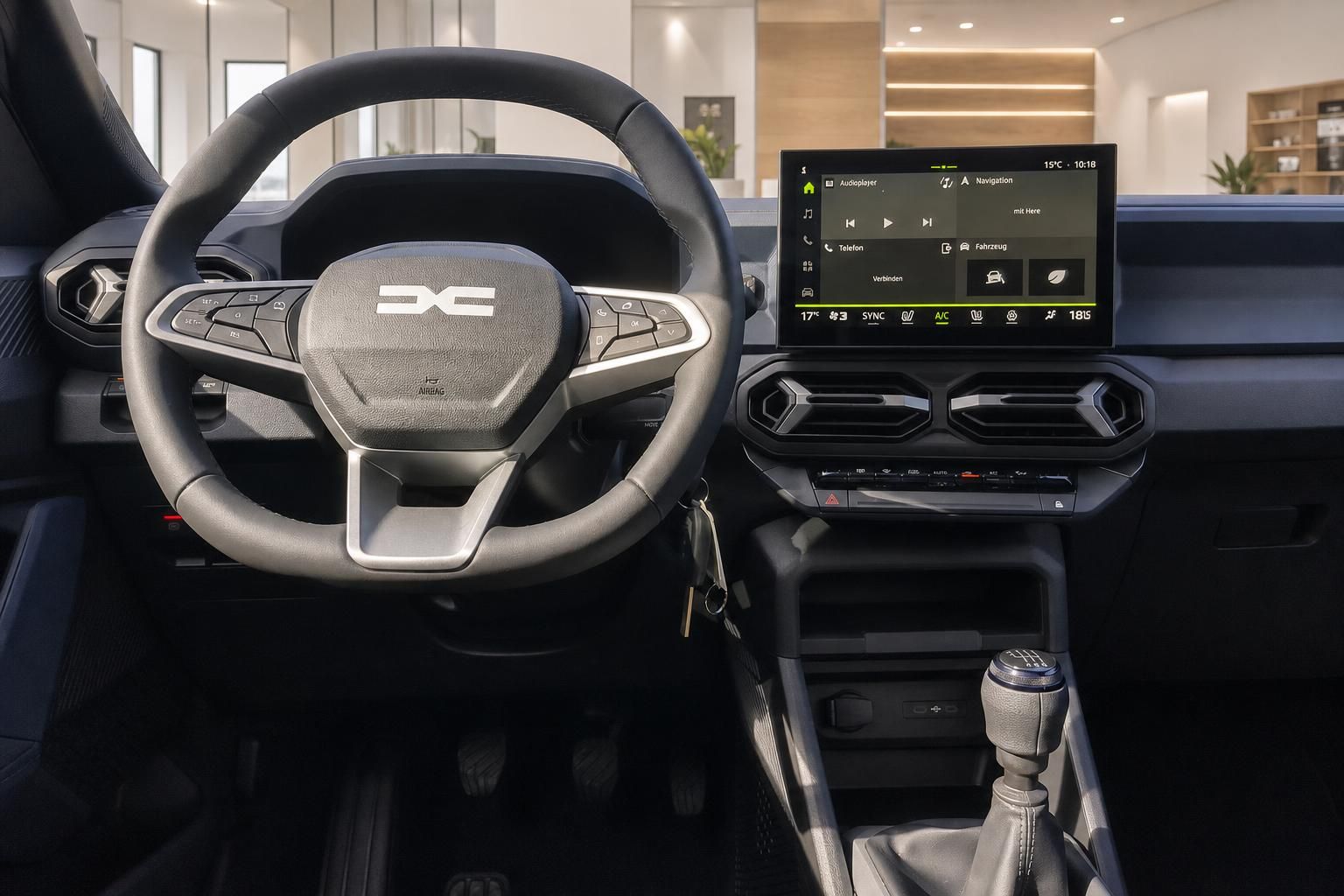 Dacia Cockpit mit Lenkrad und Infotainment-Touchscreen im Detail