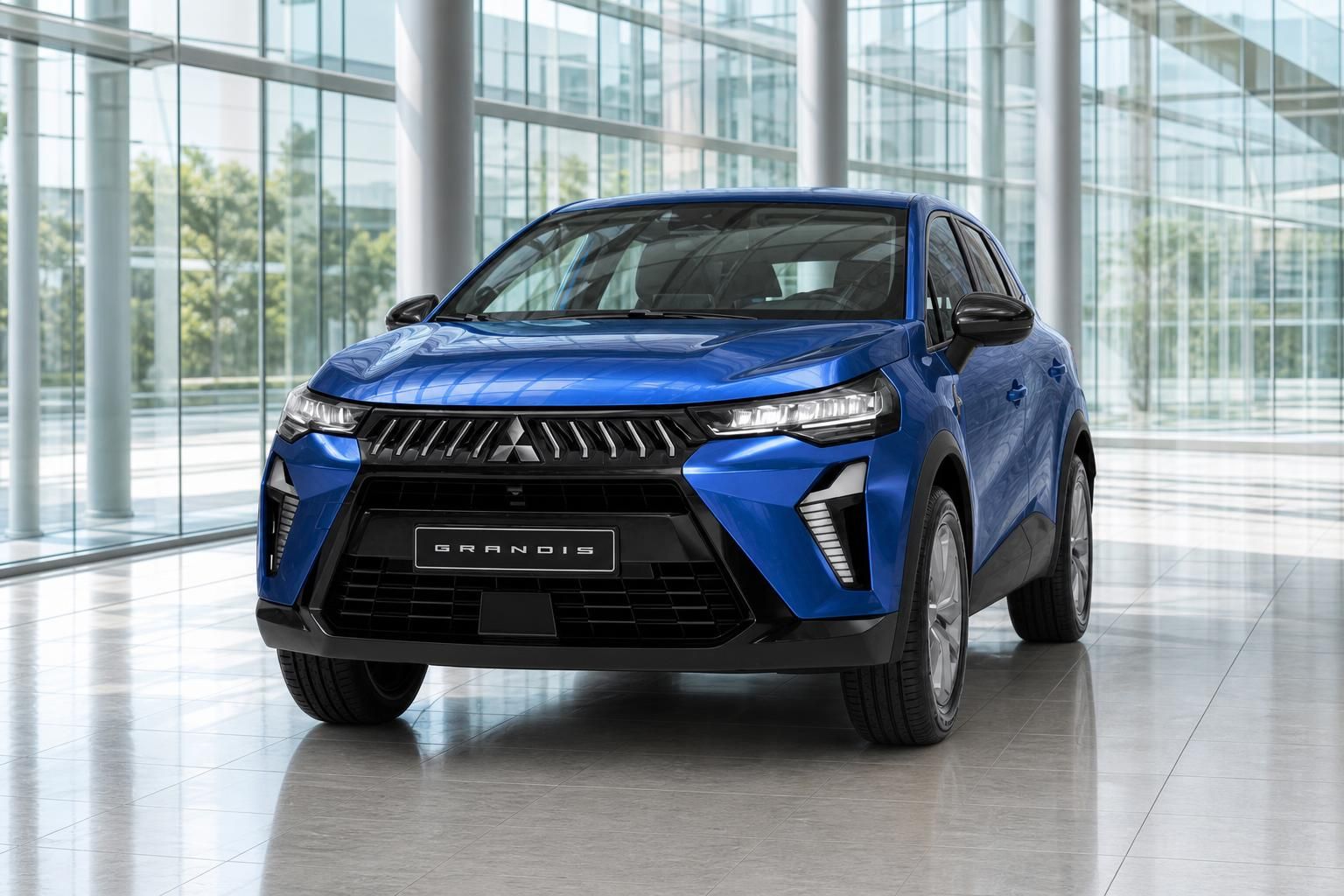 Mitsubishi Grandis blau Frontansicht SUV in Fahrzeughalle