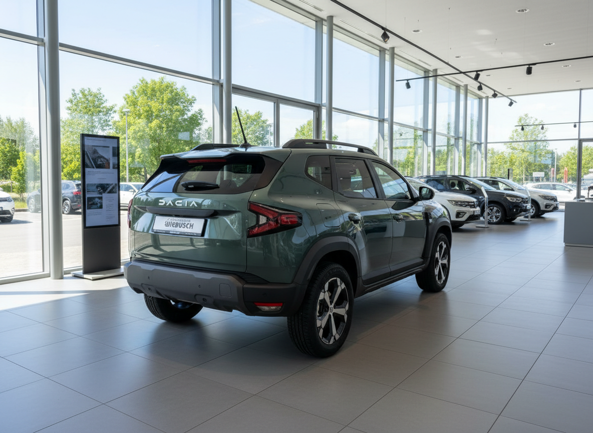 Dacia Duster SUV in Grün von hinten im Autohaus Wiebusch Showroom