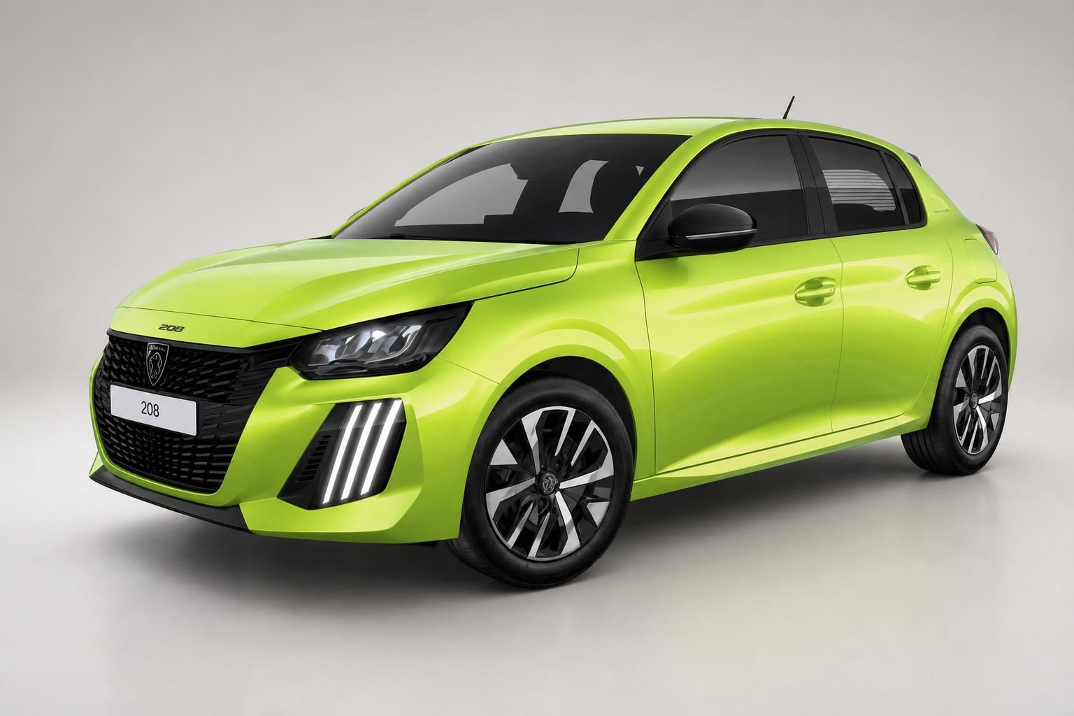 Peugeot 208 Kleinwagen in Gelbgrün – Frontansicht schräg rechts im Fotostudio