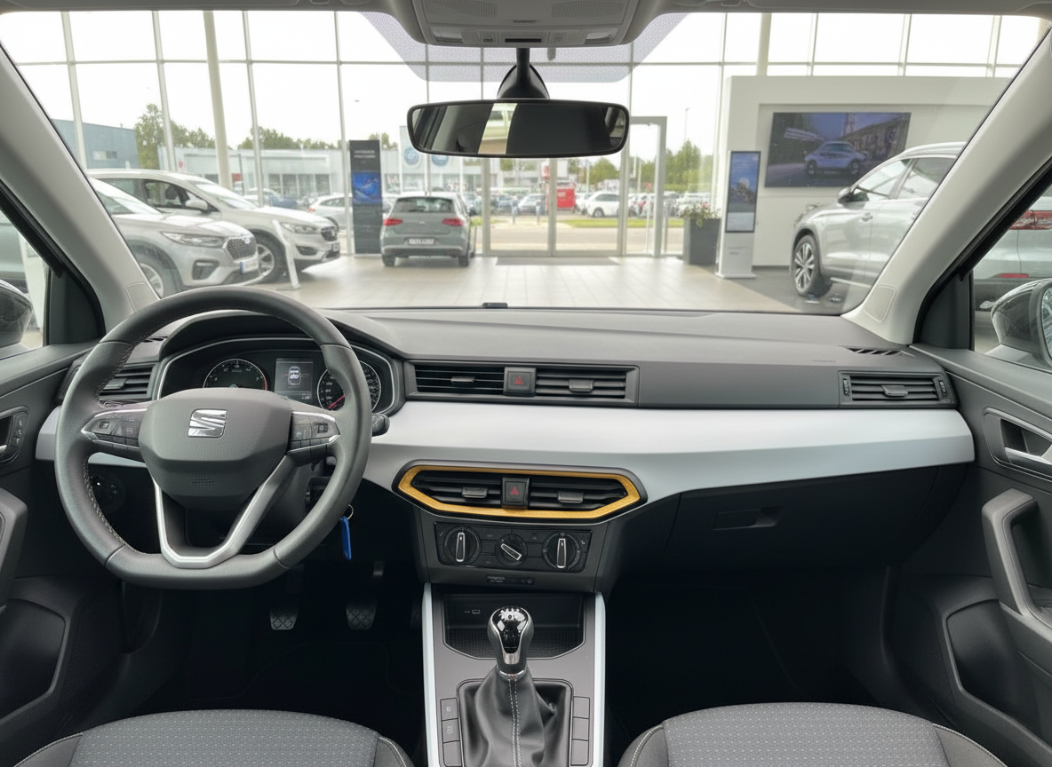 SEAT Ibiza Innenraum mit Lenkrad, Schaltgetriebe und zweifarbigem Armaturenbrett im Autohaus