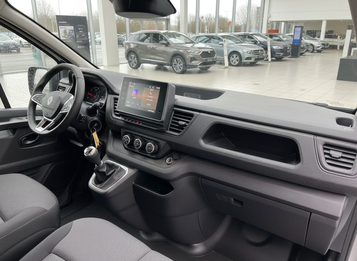 Renault Trafic Innenraum mit Touchscreen, Schaltgetriebe und hellem Cockpit im Autohaus