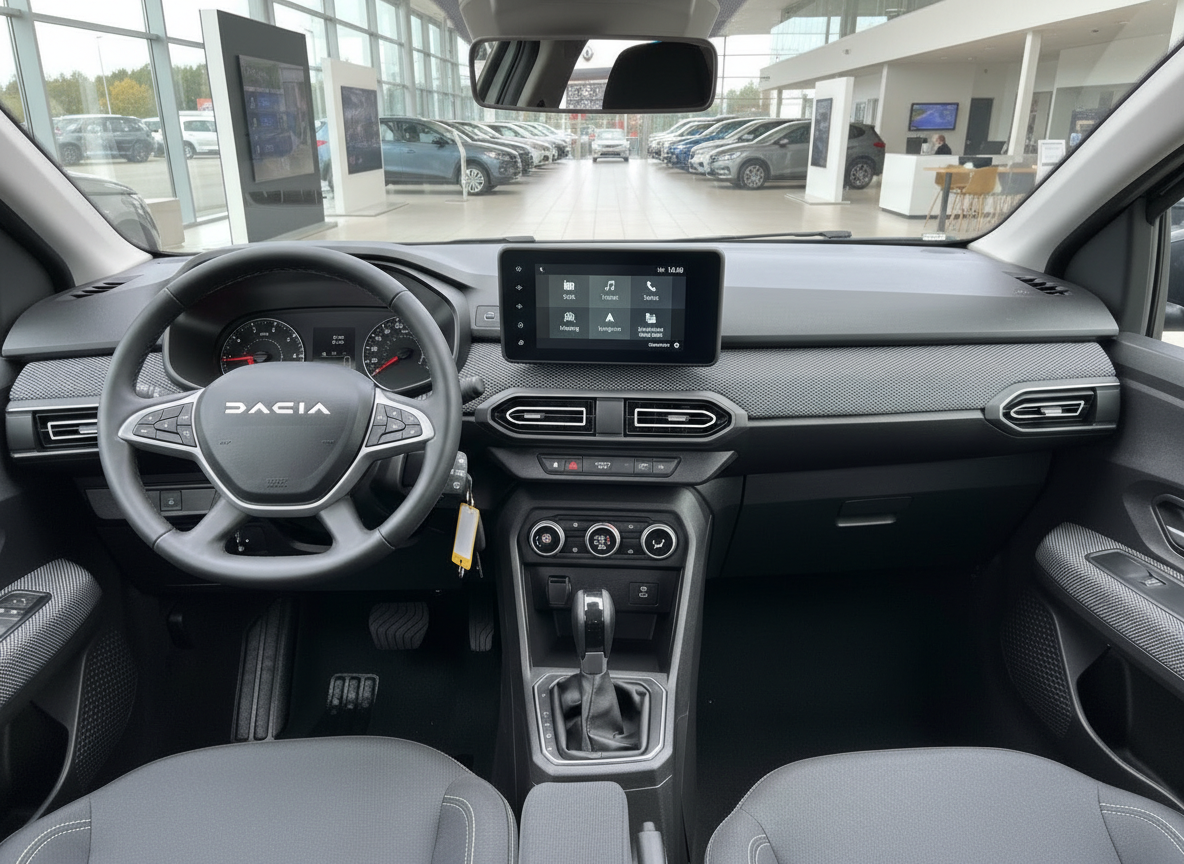 Dacia Innenraum Cockpit mit Lenkrad, Infotainment-Display und Automatikgetriebe im Autohaus