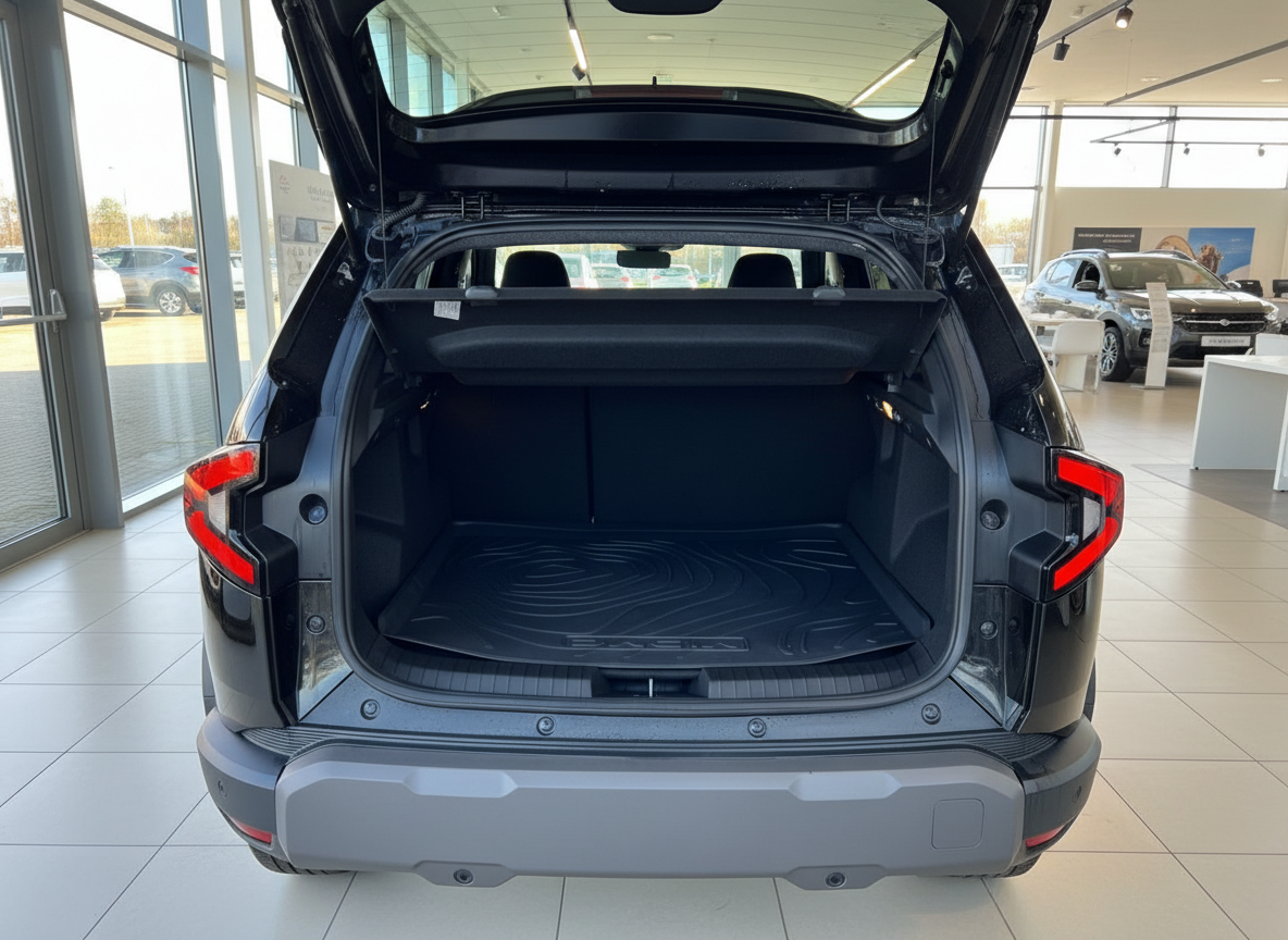 Dacia SUV schwarzer Kofferraum geöffnet im Autohaus mit Gummimatte