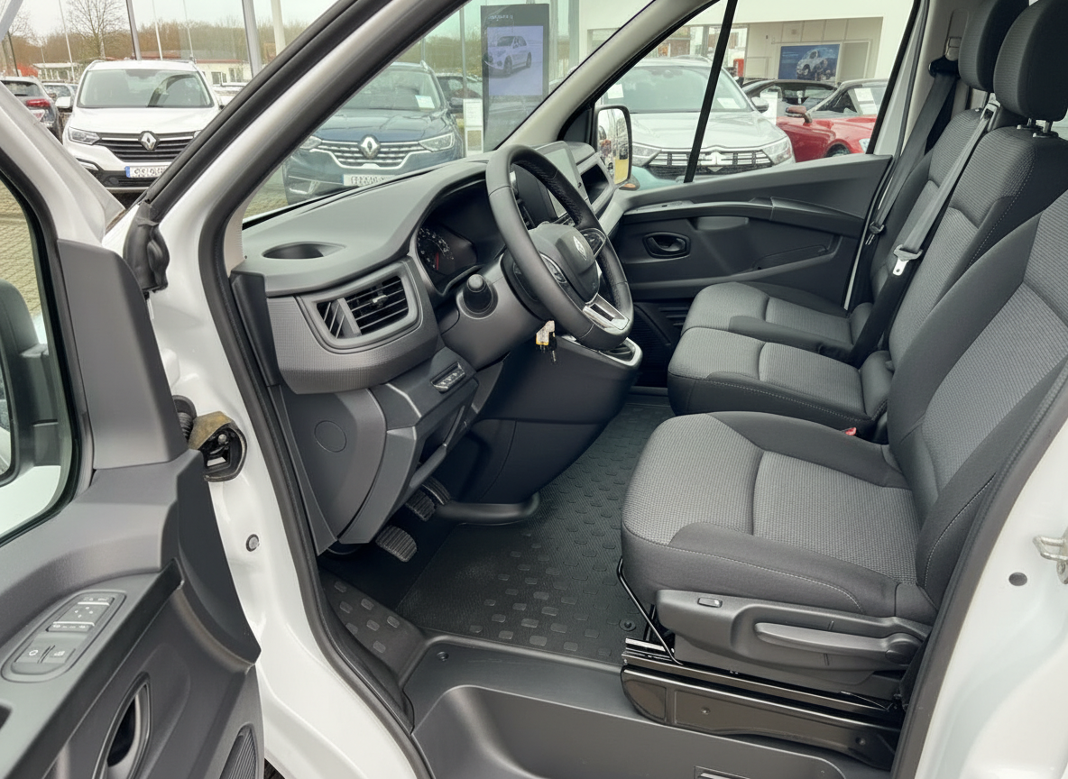 Renault Trafic Innenraum Fahrerseite mit grauem Stoffsitz und Lenkrad