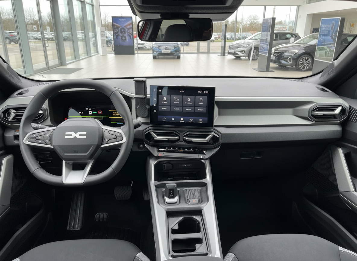 Dacia Innenraum mit Touchscreen, digitalem Cockpit und modernem Lenkrad in Autohaus