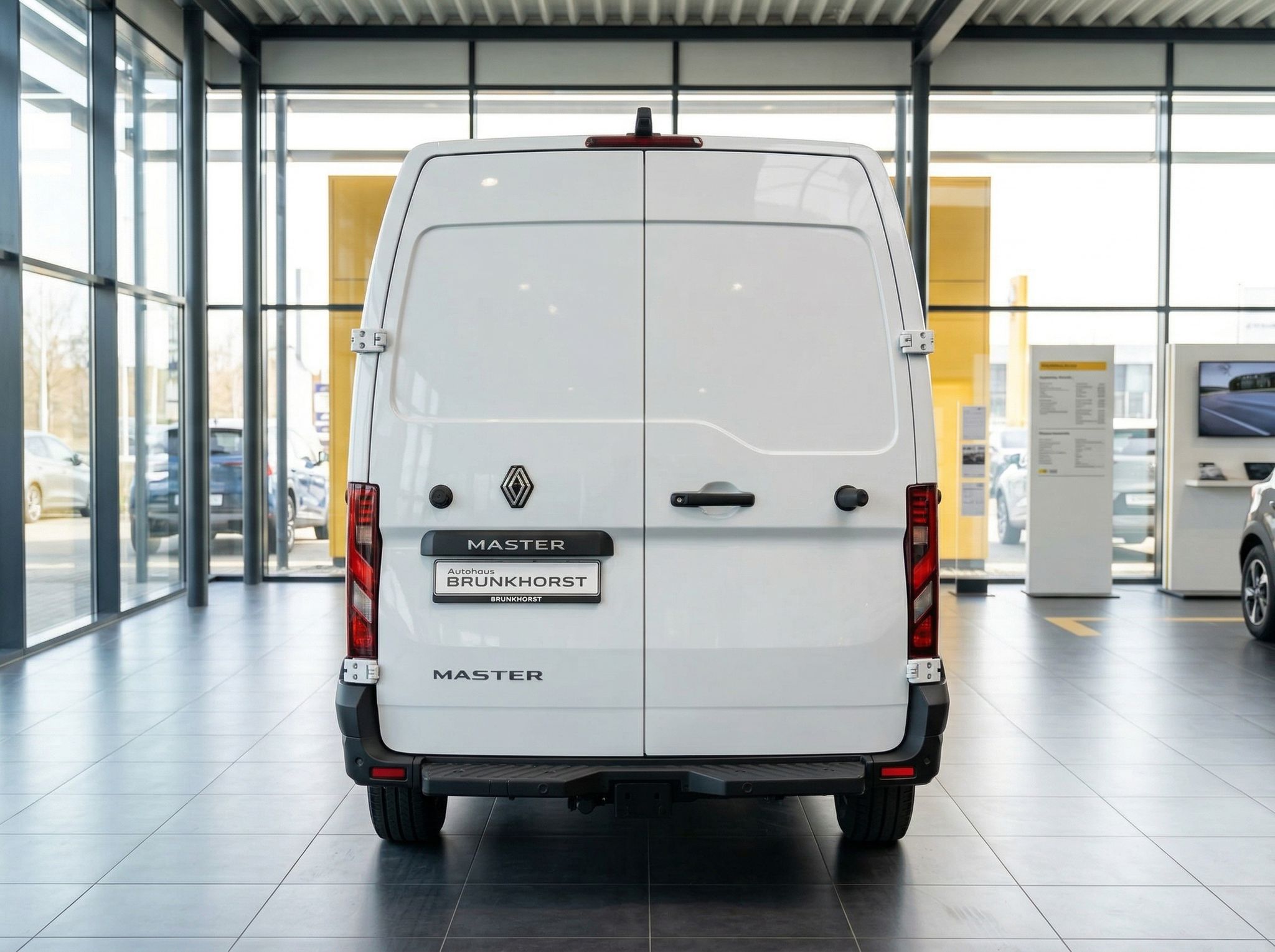 Renault Master Kastenwagen Heckansicht in weiß - Hecktüren und Kennzeichenhalter sichtbar