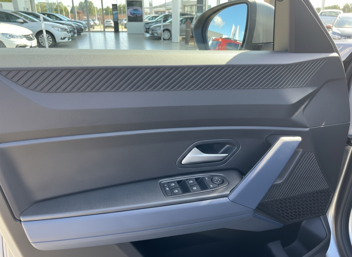 Fahrzeugtür Innenansicht mit Fensterheber, Türgriff und Lautsprecher – modernes Fahrzeuginterieur