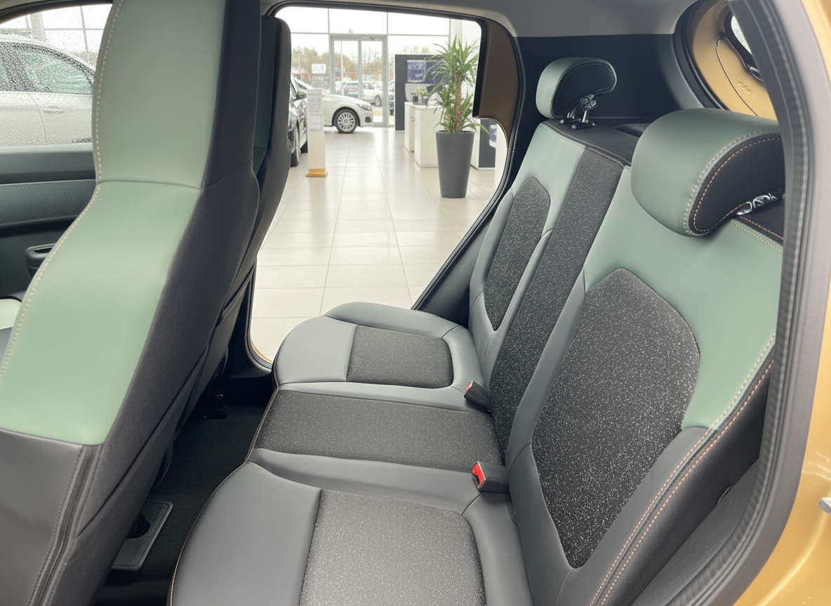 Fahrzeug Innenraum Rücksitzbank grün-grau zweifarbig mit Kopfstützen in Autohaus