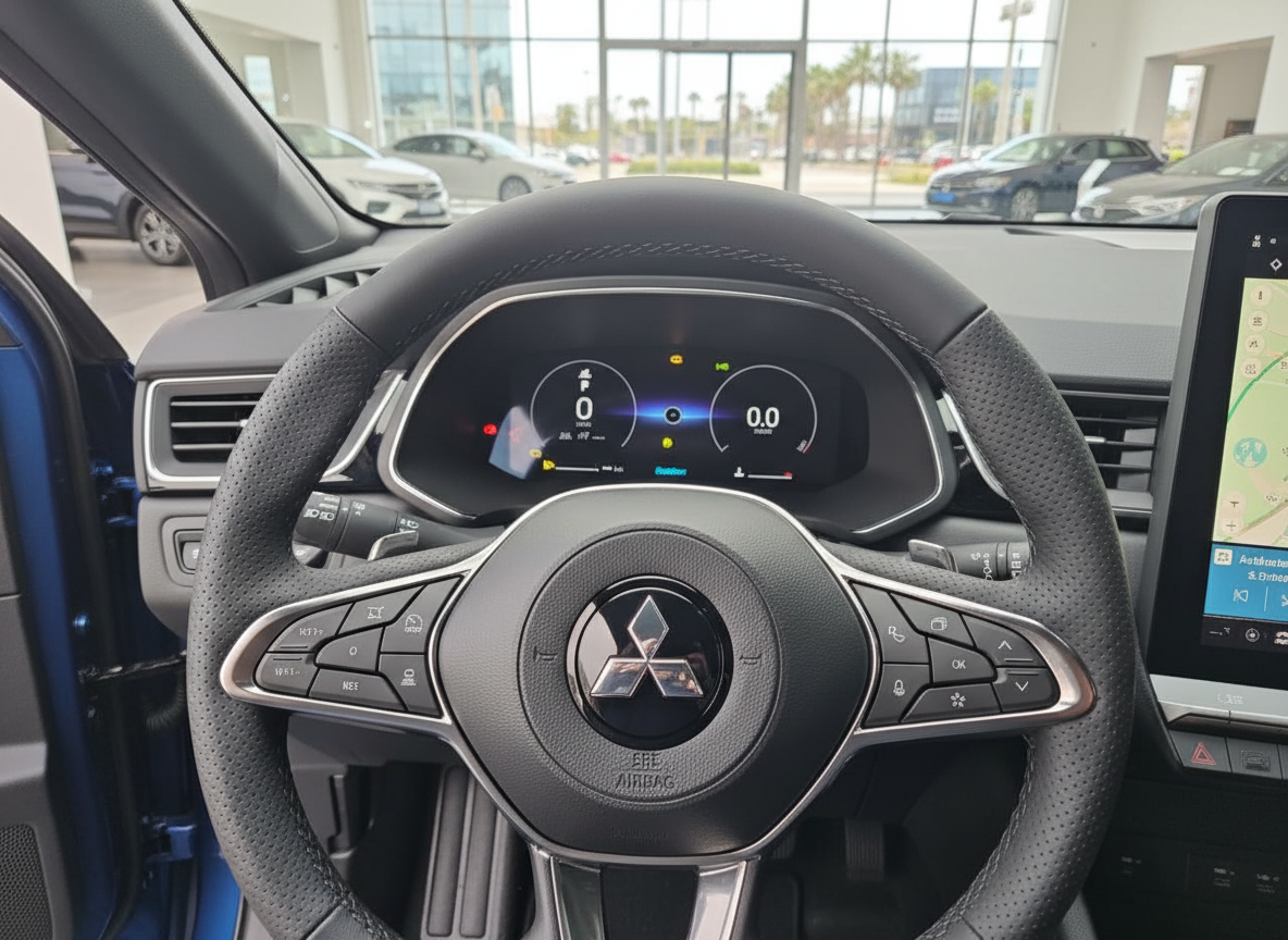 Mitsubishi Innenraum mit Lenkrad, digitalem Kombiinstrument und Navigationssystem im Autohaus