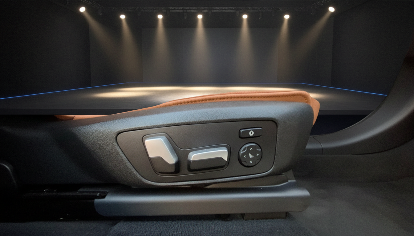Elektrische Sitzverstellung mit Steuertasten im Fahrzeuginnenraum, brauner Lederakzent