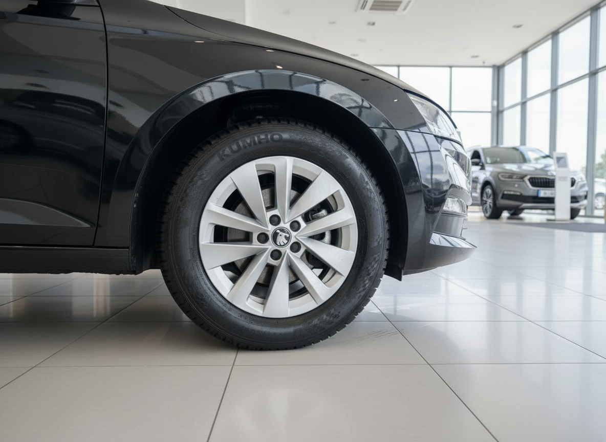 Schwarzer Škoda Detailaufnahme Vorderrad mit Kumho Reifen und Alufelge im Autohaus