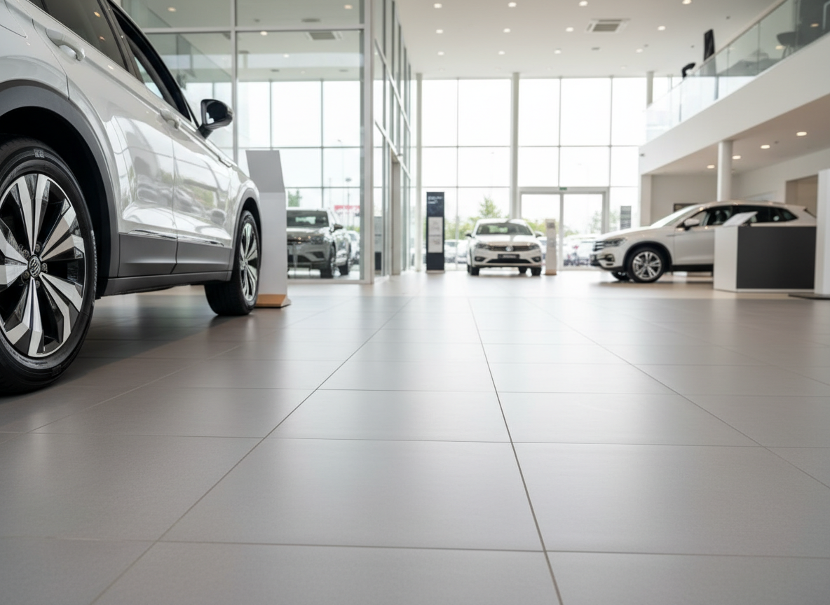 Volkswagen Fahrzeuge im modernen VW Autohaus Showroom mit großer Glasfront