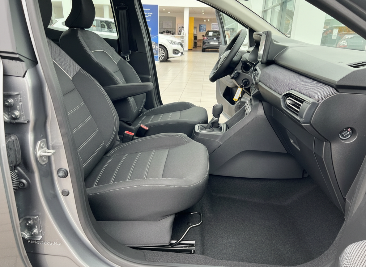 Innenraum Beifahrerseite mit schwarzen Sitzen und Mittelkonsole im Autohaus