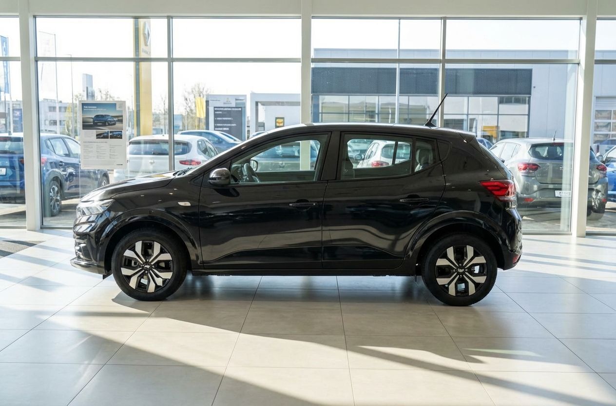 Schwarzer Renault Sandero/Clio Fünftürer in Renault Autohaus Showroom – Seitenansicht