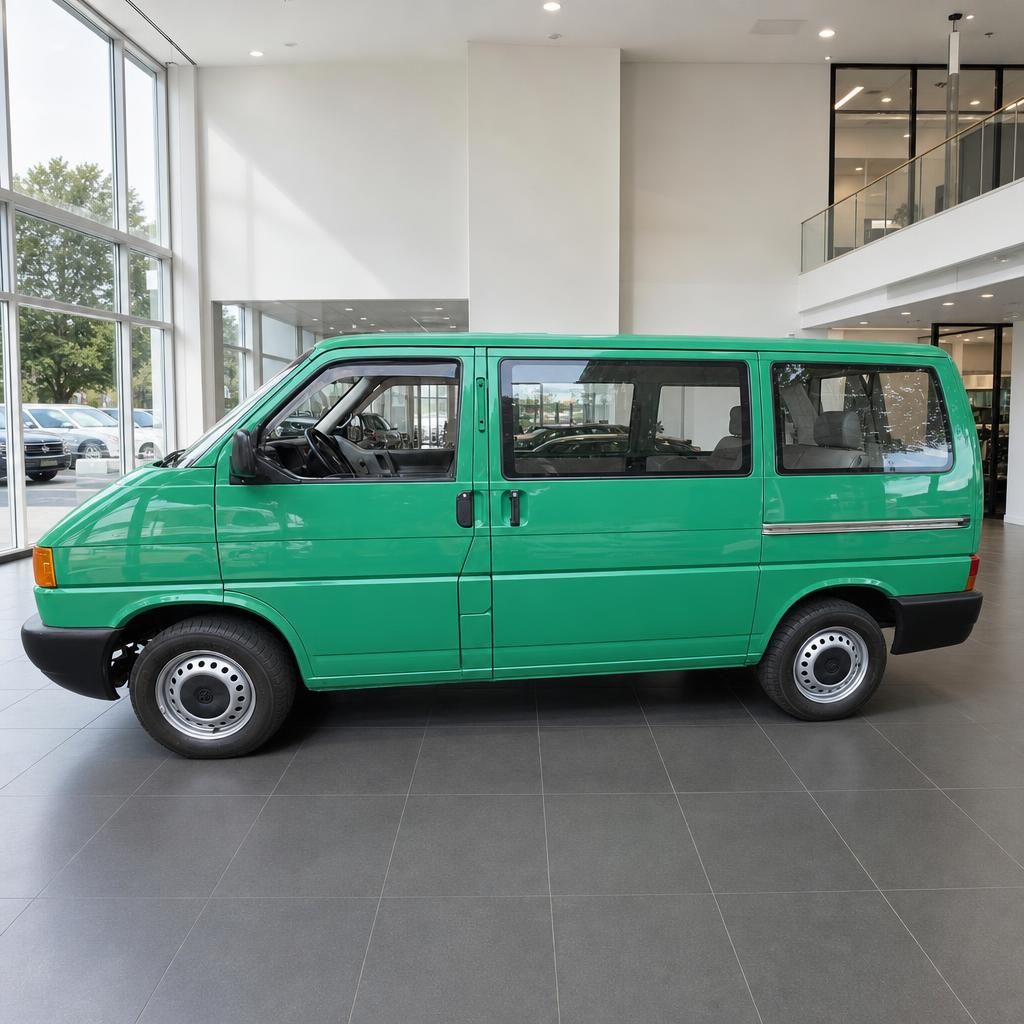 VW T4 Bus grün, Seitenansicht im Autohaus Showroom