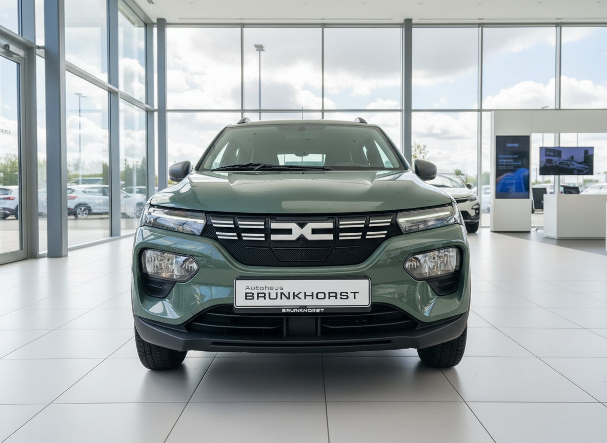 Dacia Spring in Grün Frontansicht im Autohaus Brunkhorst Showroom