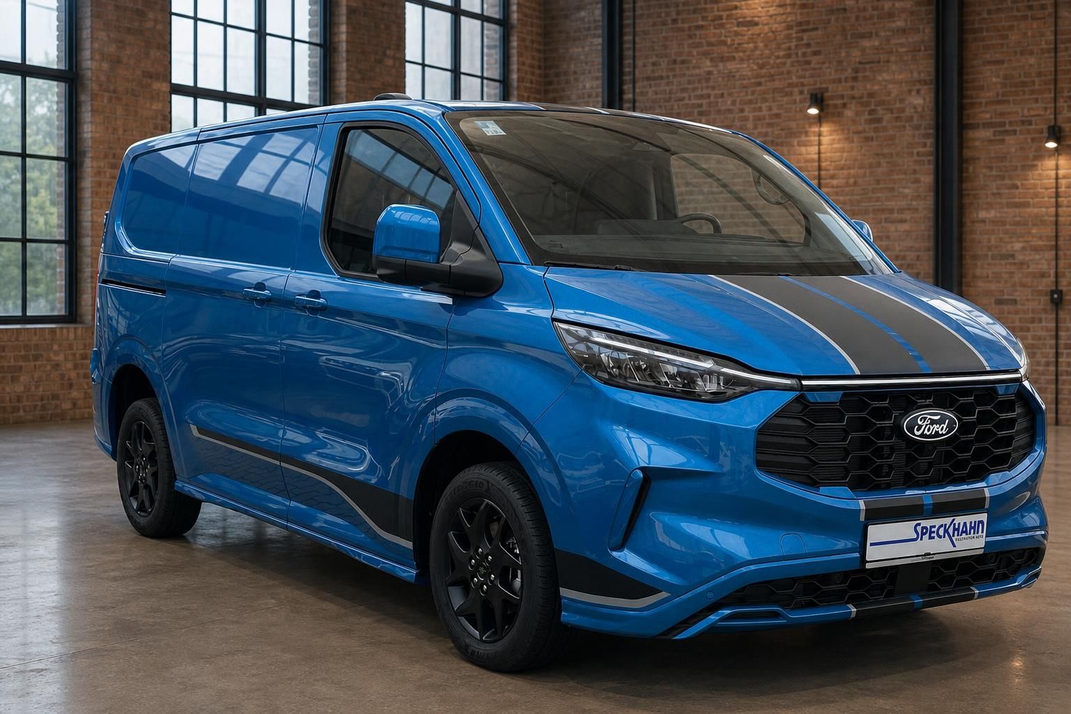 Ford Transit Custom in Blau, Frontansicht mit schwarzen Streifen