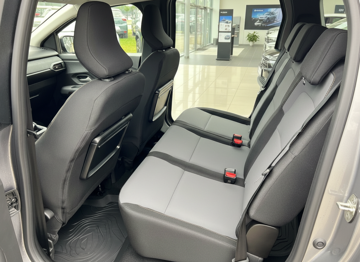 Rücksitzbank Isuzu D-Max Doppelkabine mit grau-schwarzer Stoffpolsterung im Showroom