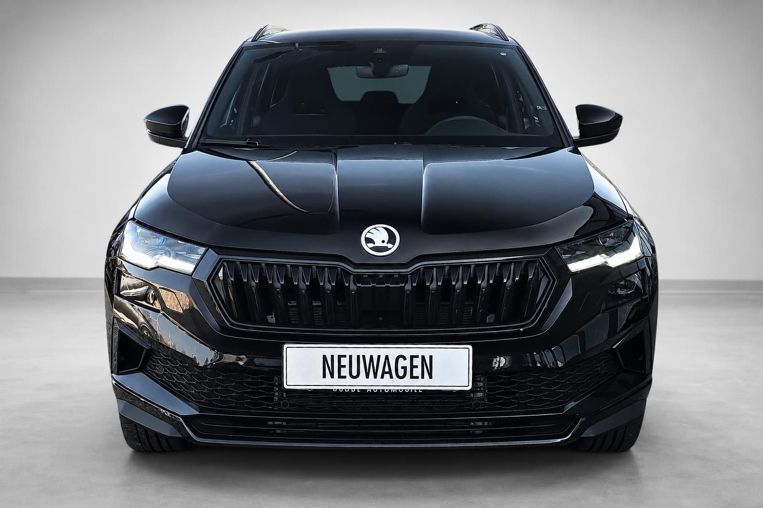 Skoda SUV schwarz Frontansicht mit Kuehlergrill und LED-Scheinwerfern
