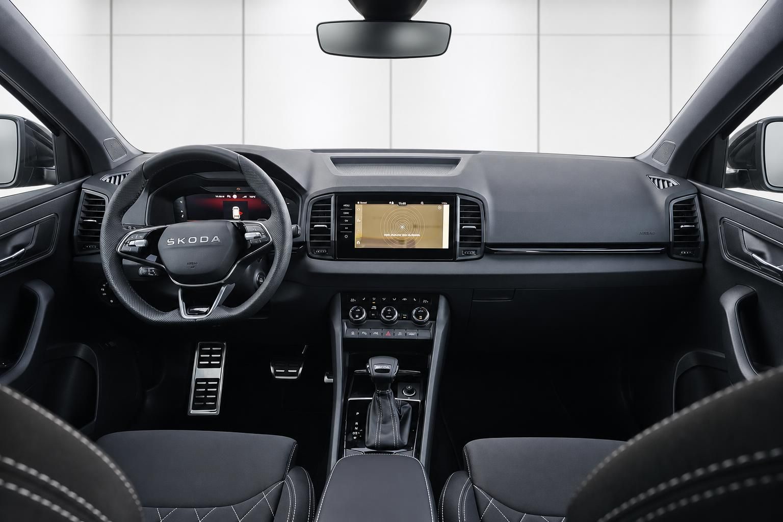 Skoda Cockpit Ansicht mit Lenkrad, Display und Mittelkonsole