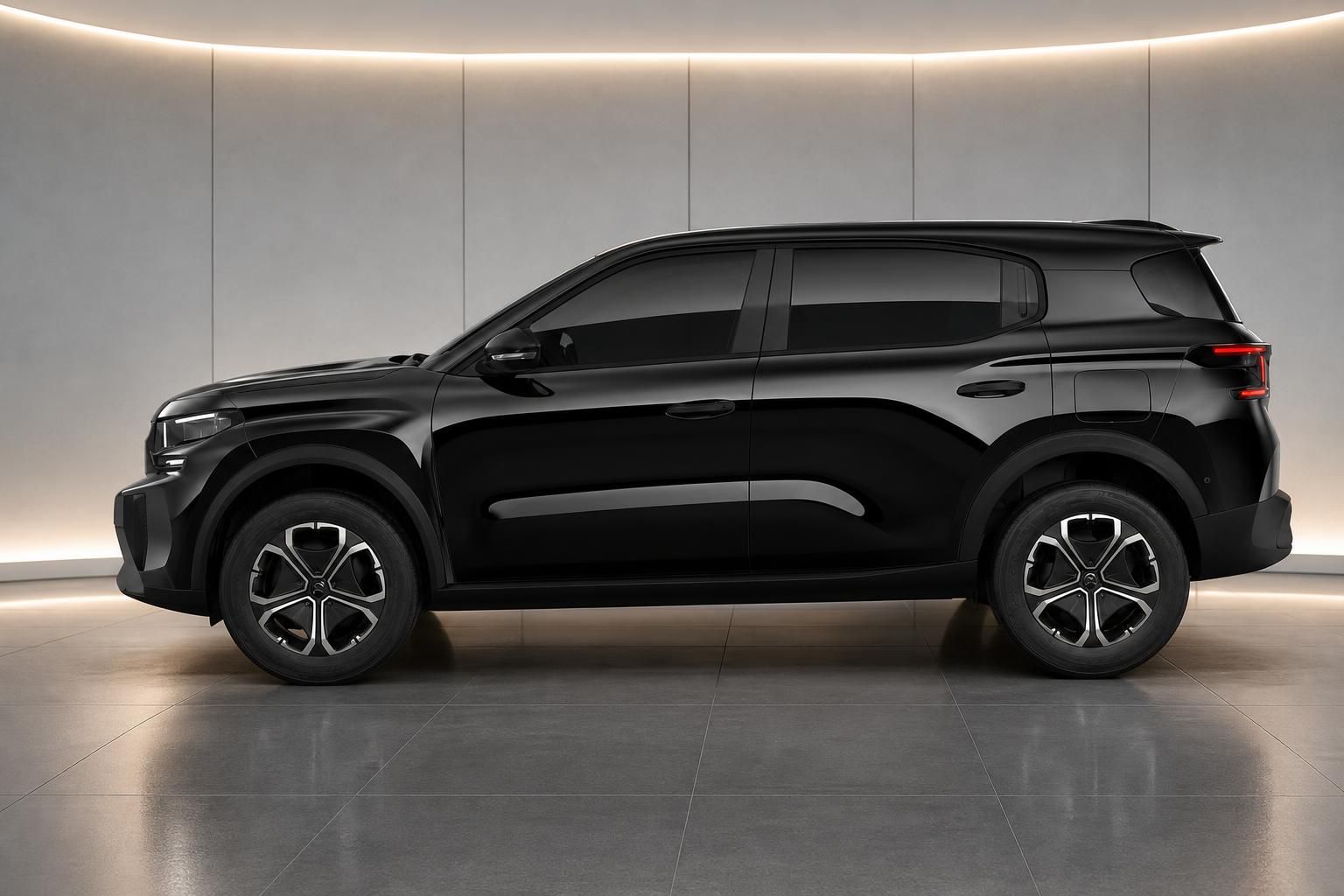 Citroën ë-C3 Aircross in Schwarz, Seitenansicht im Studiolicht