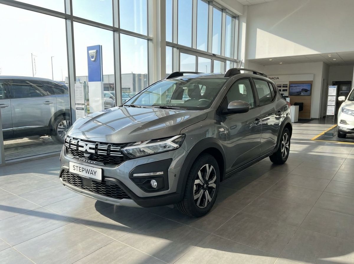 Grauer Dacia Sandero Stepway Neuwagen im Autohaus Showroom Frontansicht