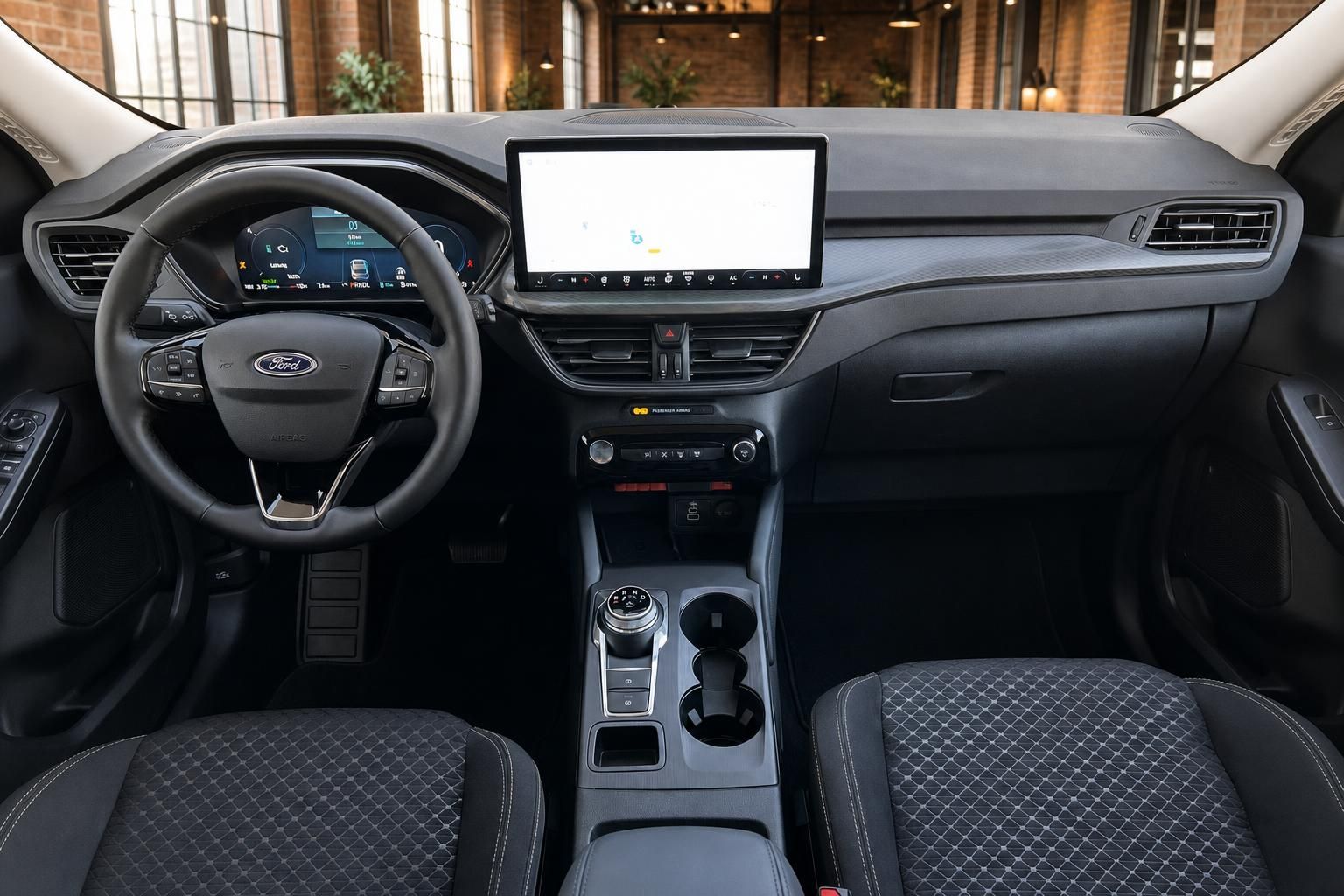 Ford Innenraum Frontansicht mit Lenkrad, Display und Vordersitzen