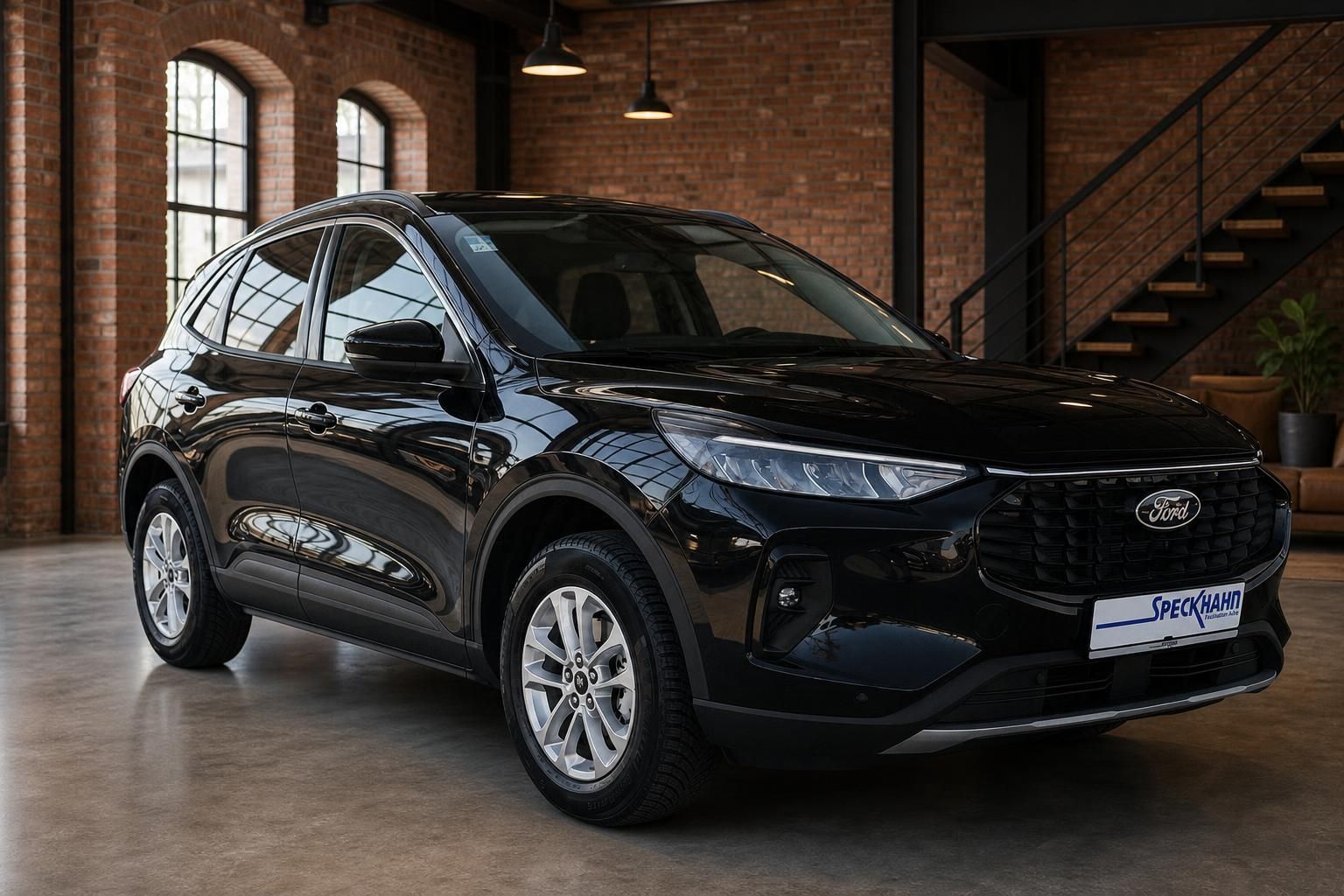 Ford Kuga schwarz Frontansicht seitlich im Loft-Ambiente