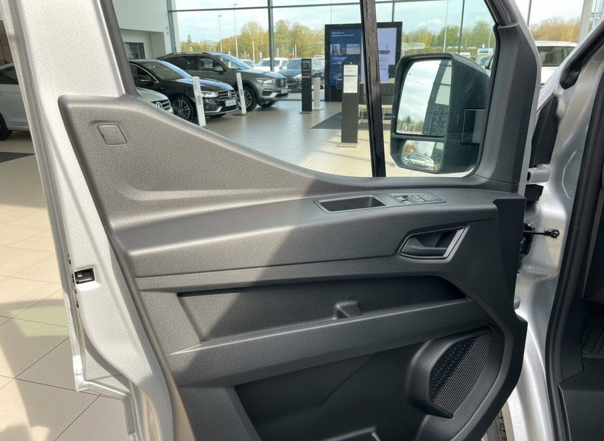 VW Crafter Fahrertür Innenverkleidung mit Türgriff und Fensterheber in silbernem Transporter