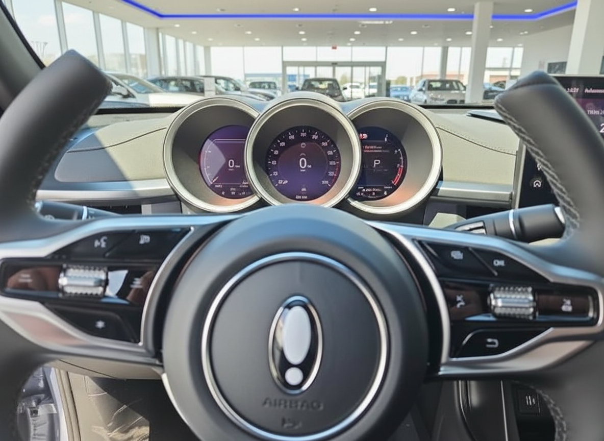 Fahrzeug-Innenraum mit drei digitalen Rundinstrumenten und Lenkrad in modernem Autohaus