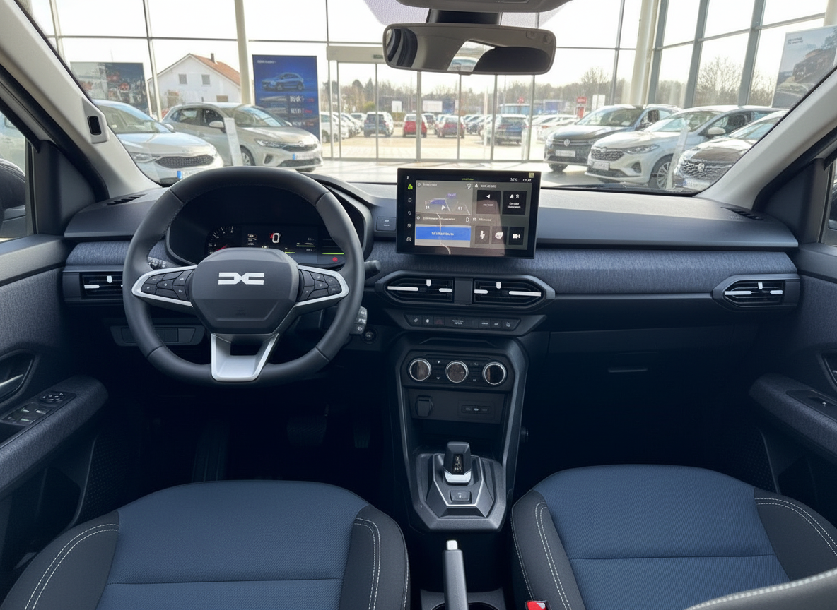 Dacia Innenraum mit Lenkrad, Infotainment-Display und blauem Stoffinterieur im Autohaus