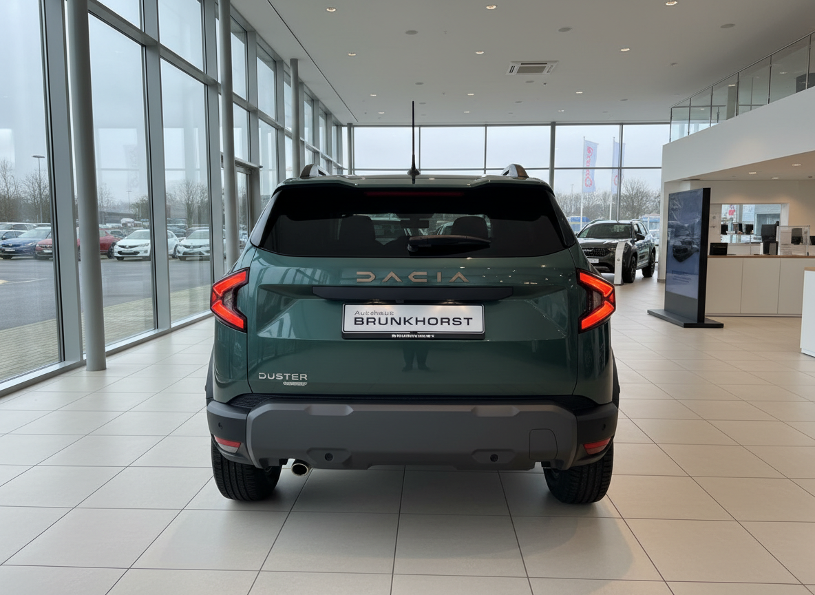 Dacia Duster SUV in Grün von hinten im Autohaus Brunkhorst