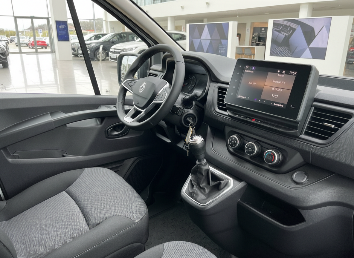 Renault Trafic Innenraum mit Lenkrad, Schaltgetriebe und Touchscreen-Infotainment im Autohaus