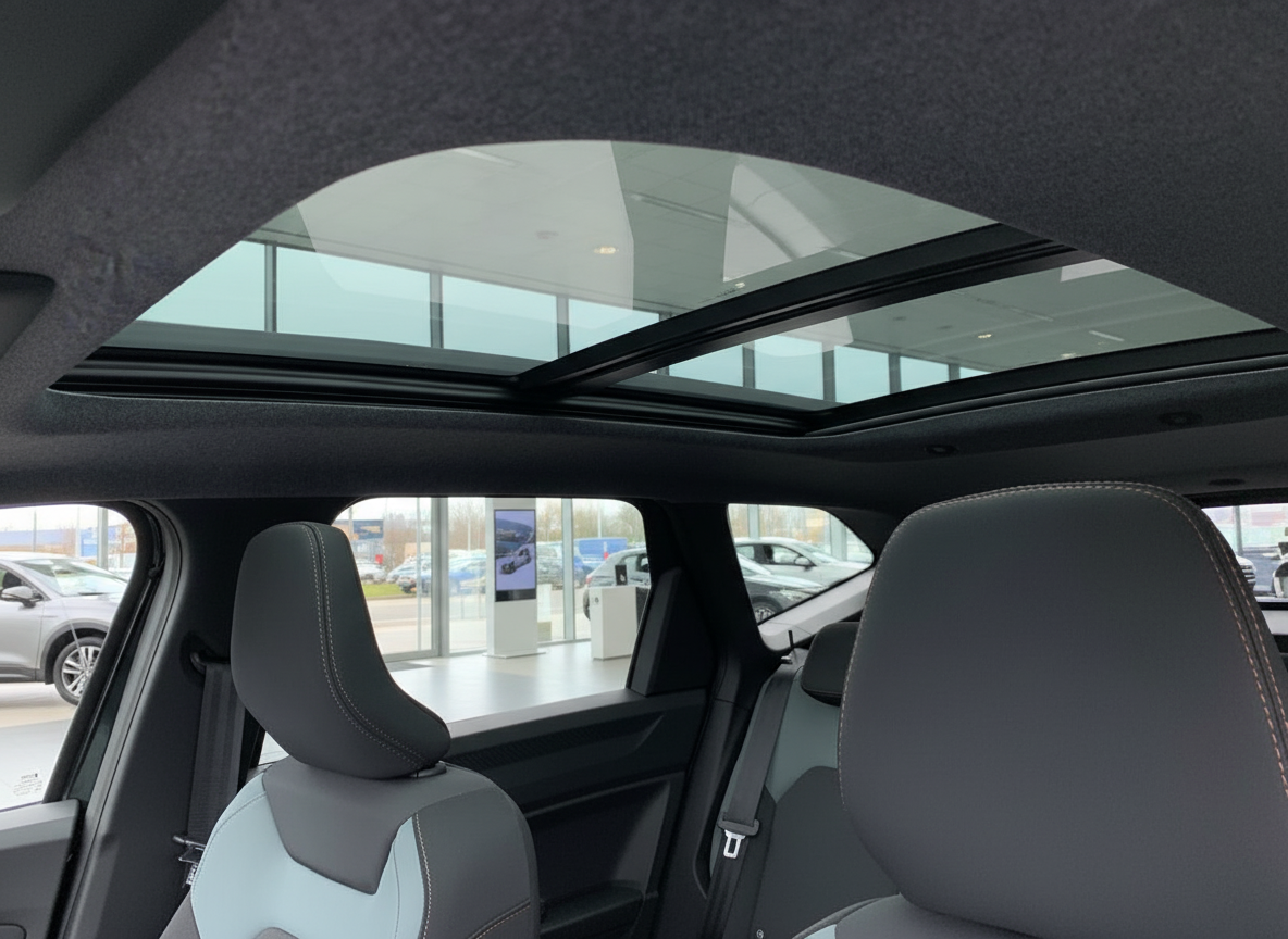 Fahrzeuginnenraum mit Panoramadach, schwarzen Ledersitzen und hellem Kontrast-Interieur im Autohaus