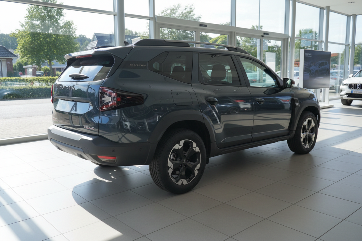 Dacia Duster SUV in Dunkelgrau – Heckansicht im Autohaus Showroom