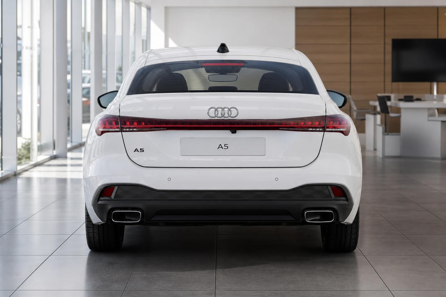 Audi A5 weiß, Heckansicht im Autohaus-Showroom