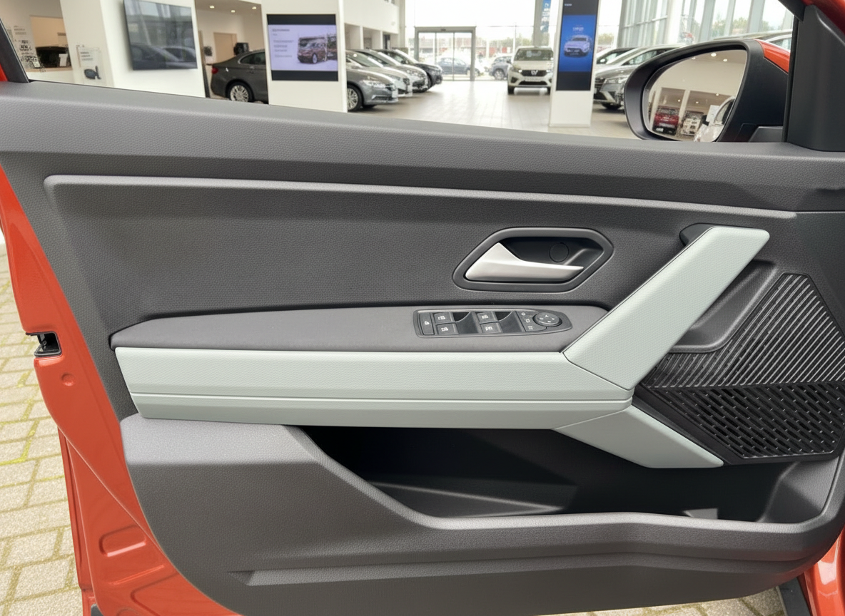 Innenraum Fahrzeugtür mit Fensterheber und Lautsprecher in rotem Auto im Autohaus