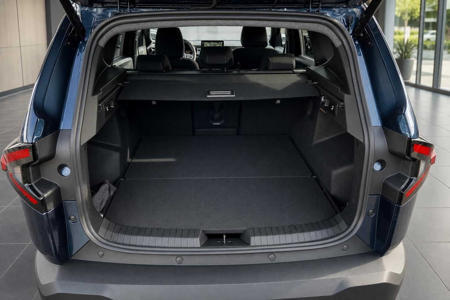 Kofferraum eines blauen SUV mit umgeklappten Rücksitzen und schwarzer Innenausstattung